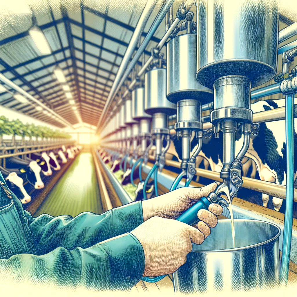 Gives Family Dairy - A vivid and detailed closeup illustration of 'Excellent Dairy' located in the Midwest of the USA. The scene focuses on the high-quality dairy producti