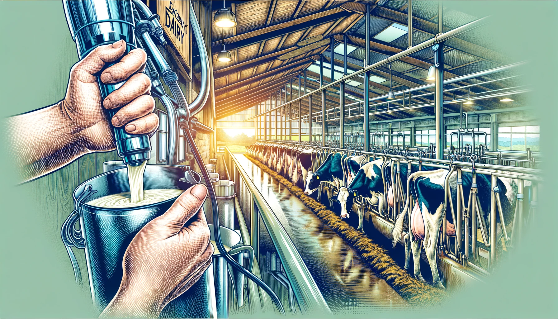 Gives Family Dairy - A vivid and detailed wide illustration of a closeup scene at 'Excellent Dairy' located in the Midwest of the USA. The focus is on a dairy farmer's han